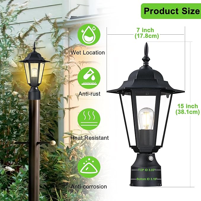 Dusk to Dawn Outdoor Post Light, Pole Lantern, Waterproof Die-Cast Aluminum Pole Light Fixture with Glass, Exterior Post Lamp for Garden Yard Patio Pathway, Matte Black, 2-Pack