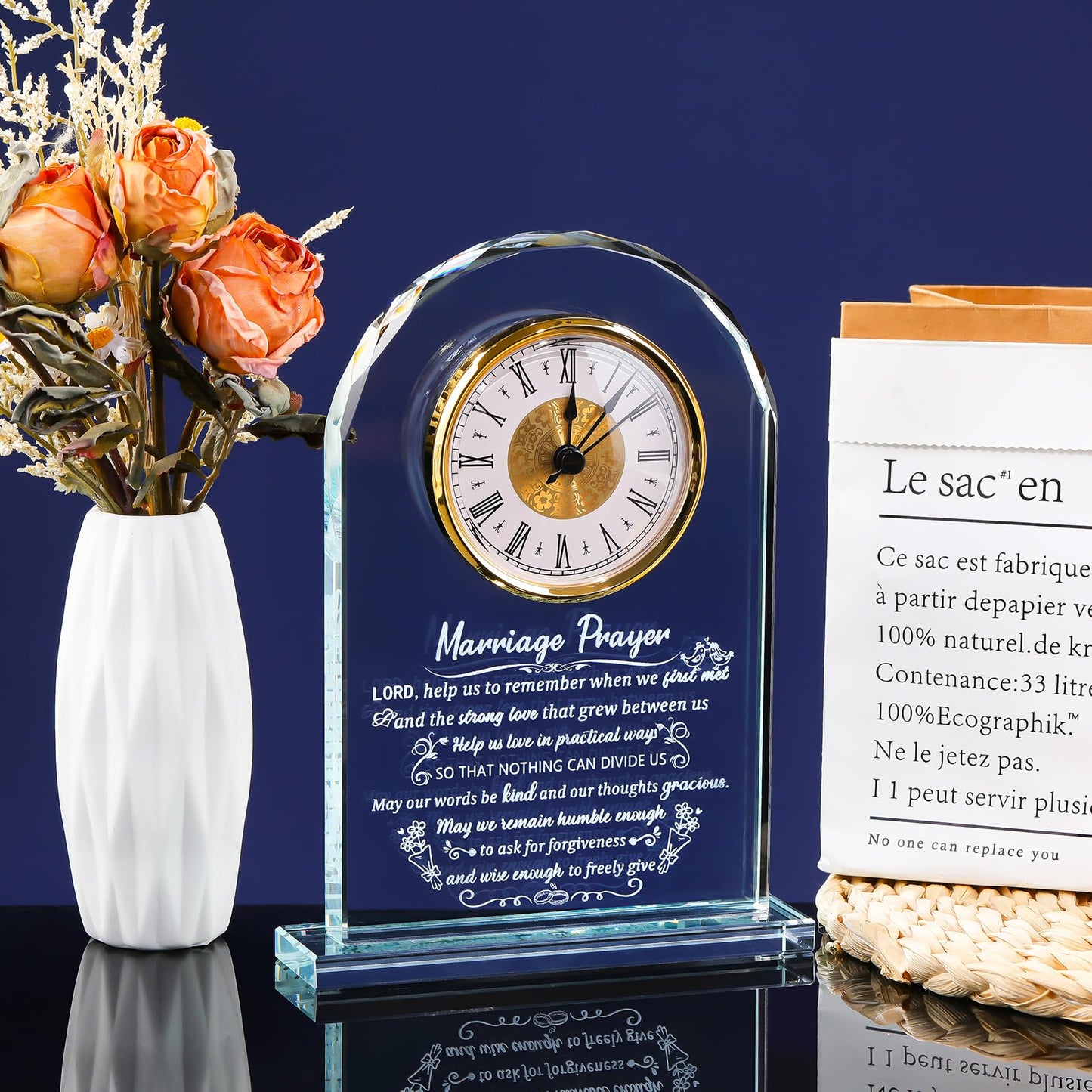 Glass Clock Wedding Gifts for Couples Newlywed 2025, Happy Anniversary Marriage Prayer Gift with Inspiring Quotes for Mr and Mrs, Engagement Presents Home Decoration