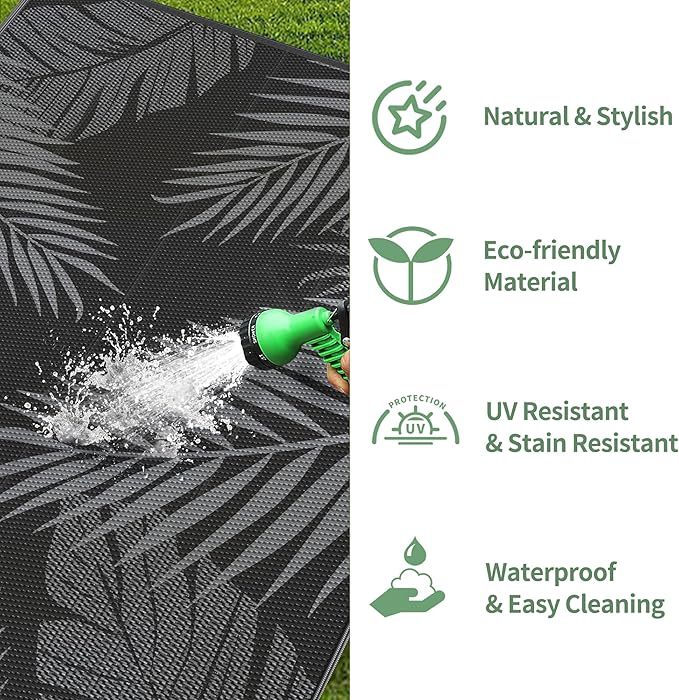 GENIMO Outdoor Rug 9' x 18' Waterproof for Patios Clearance, Reversible Outdoor Plastic Straw Camping Rug Carpet, Large Area Rugs Mats for RV, Camper, Deck, Balcony, Porch, Beach, Picnic, Black&Grey