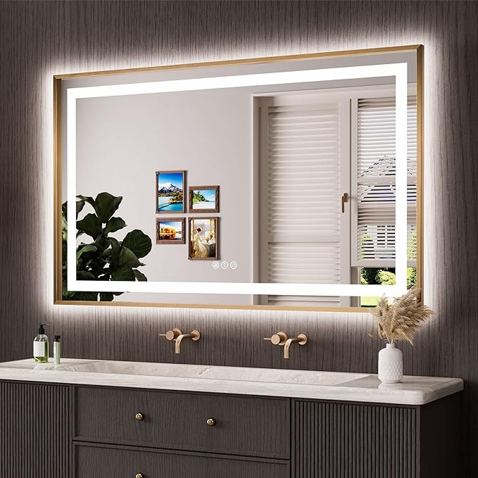 Amorho 60"x 36" LED Bathroom Mirror, Golden Metal Framed Mirror with Front Light and Backlit, Stepless Dimmable, Anti-Fog, Shatter-Proof, Memory, 3 Colors