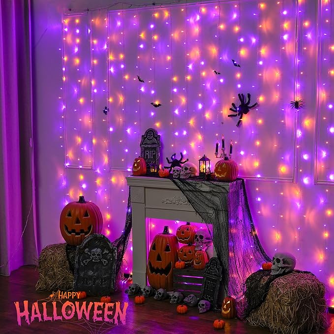 JMEXSUSS 300LED Orange and Purple Halloween Curtain Lights with Remote, 9.8x9.8ft Window Twinkle Hanging String Lights Plug in, Halloween Lights for Bedroom Wall Party Backdrop Indoor Outdoor Decor