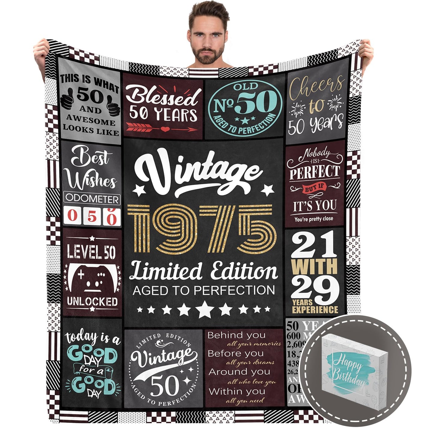 50th Birthday Gifts for Him, 50th Birthday Gifts for Men with Gift Box, Blanket Gifts for 50 Year Old Men Bday