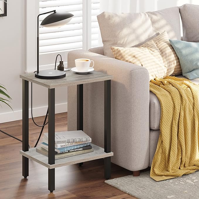 TUTOTAK End Table with Charging Station, Set of 2, Small Side Table, Nightstand Bedside Table, 2-Tier Storage Shelf for Small Space, Living Room, Bedroom Greige V1TB01BG041