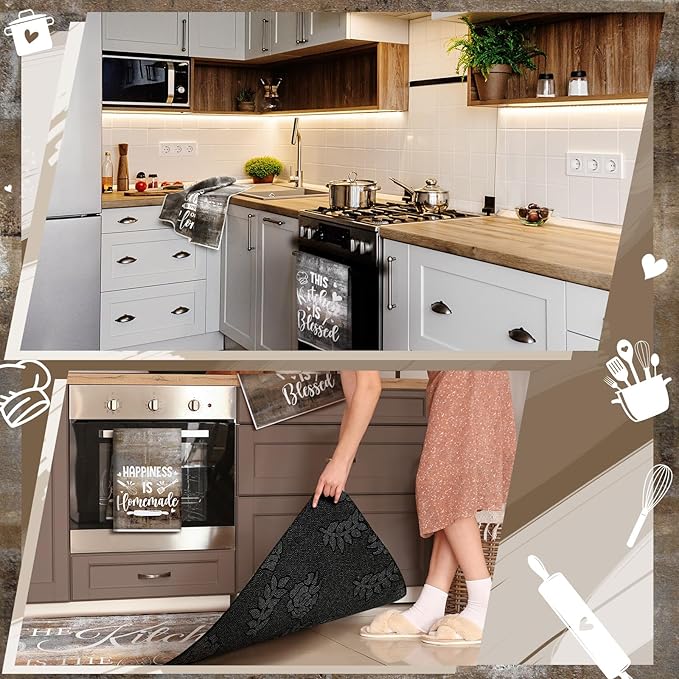 Fourluoo 10 Pcs Farmhouse Kitchen Decor and Accessories Set 4 Kitchen Towels 2 Pot Holders 2 Oven Mitts 2 Rugs for Cooking Baking Mom Housewarming Gifts(Brown Gray,Classic Style)