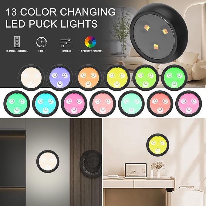 LED Lights with Wireless Remote, 13 Color RGB - for Closet, Under Cabinet,Bedroom Wall, Battery Powered Puck Lights. Convenient 3M Stick On
