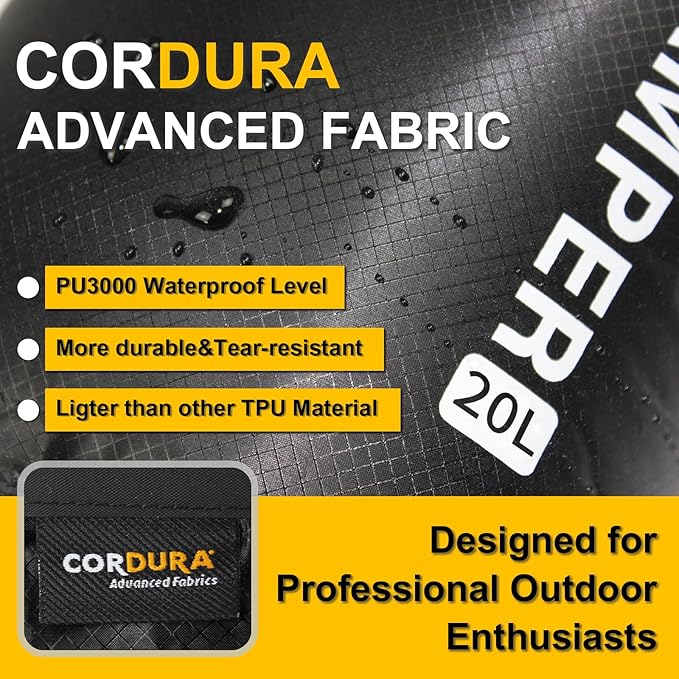 Upgraded CORDURA Waterproof Dry Bag-Durable&Lightweight Storage Sack for Hiking, Kayaking&Rafting-Roll Top with Survival Whistle-Ideal for high-intensity Use-Float on Water(20L/Orange)