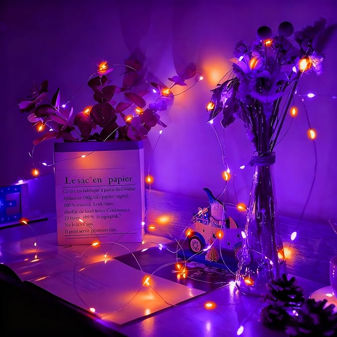 Aogist 24 Pack Fairy Lights 3 Modes 7ft 20 LED Waterproof,Battery Operated Silver Wire Firefly Starry Moon Mini String Lights for Mason Jars Christmas DIY Crafts Wedding Party Bedroom,Orange&Purple
