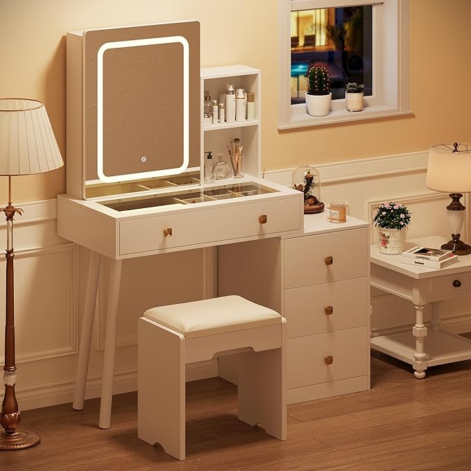 NUNU LAB Makeup Vanity Desk with Mirror and Lights Set, White Vanity Table with Glass Top and 3 Lighting Modes, Vanitys Desk with Stool, 5 Drawers for Bedroom Girls