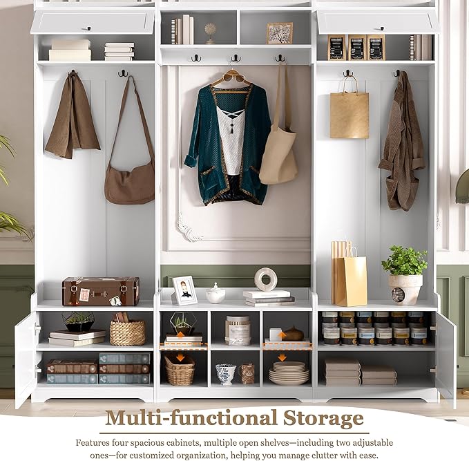 79.1''Wide Modern Hall Tree with Shoe Storage and 7 Coat Hooks, 4-in-1 Entryway Bench with 8 Cubbies and Adjustable Shelf for Hallway, Living Room (White/78)