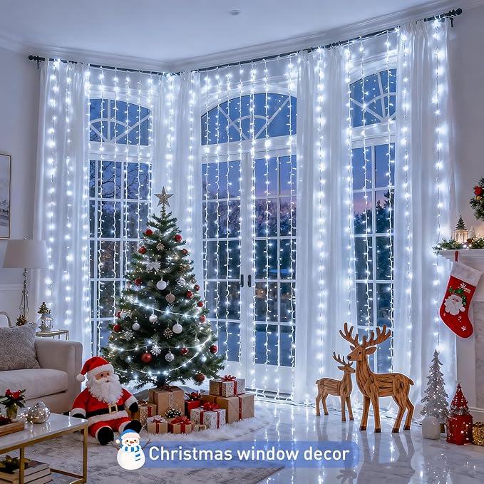 JMEXSUSS 9.5x29.5ft Curtain Lights Indoor Outdoor Decor with Remote, 900LED White Christmas Lights Plug in, Hanging String Lights for Bedroom, Wall, Window, Patio, Garden, Wedding, Reception, Backdrop