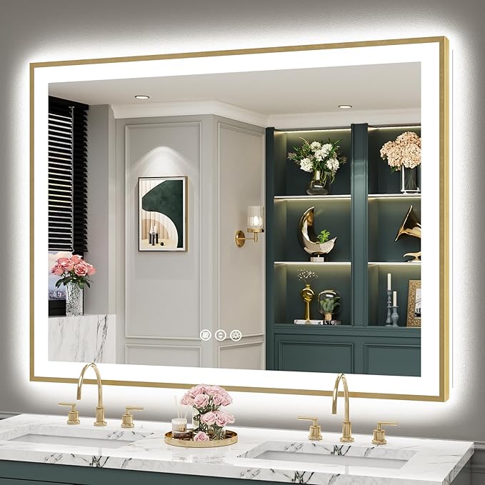 50x40 Gold LED Bathroom Mirror with Lights, Brushed Gold Framed Backlit and Front Lit Anti-Fog Lighted Vanity Mirrors for Bathroom Wall, Dimmable, 3 Colors, Memory, HD Tempered Glass, CRI＞90