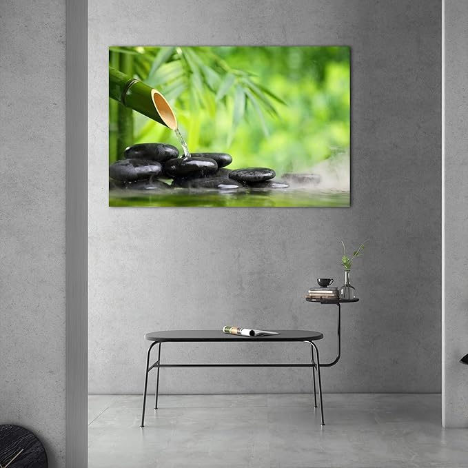 Zen Wall Art Decor, Modern Bathroom Zen Decor Wall Art, Canvas Wall Art for Spa Zen Room Decor, Green Bamboo Forest and Black Pebble Relaxing Art Prints for Office & Spa Wall Decor 28x40 Inches