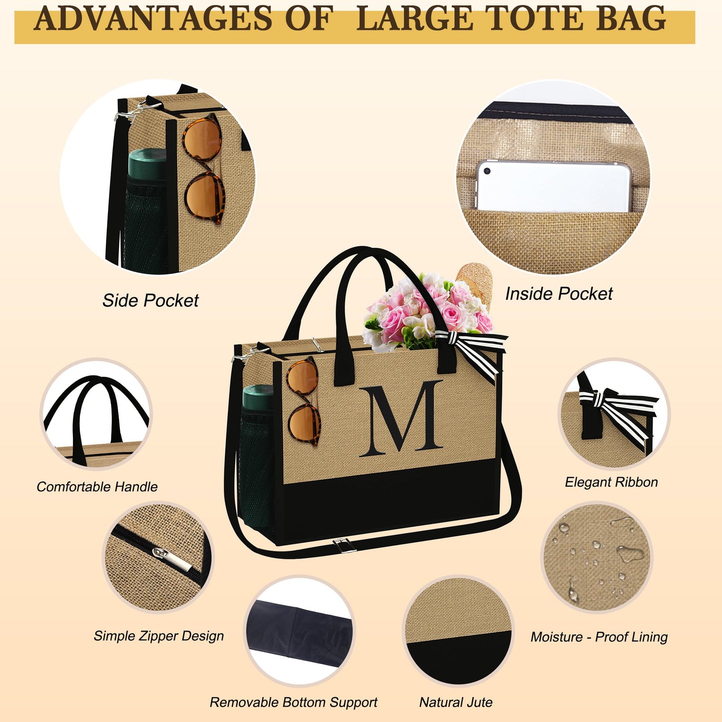 YOOLIFE Birthday Gifts for Mom, Thank You Gift for Women Monogram Letter Beach Bags for Women Personalized 21st 30th 40th 50th 60th Birthday Gifts for Her Female Mom Gift Basket Letter C