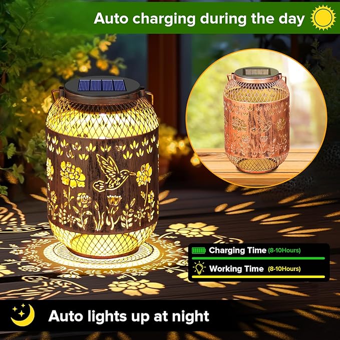 Solar Lanterns Outdoor Waterproof - Hummingbird Solar Lights for Garden, Hanging Metal Lantern Decor for Patio, Yard - Christmas Mothers Day Gifts for Women, Mom, Grandma (Hummingbirds, 2)