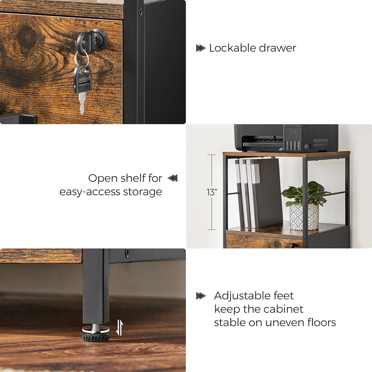 VASAGLE File Cabinet for Home Office, 2-Drawer Filing Cabinet with Lock, Open Shelf, Printer Stand, for A4 and Letter Sized Files, Adjustable Feet, Industrial, Rustic Brown and Ink Black UOFC045B01