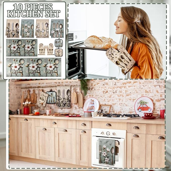 Fourluoo 10 Pcs Farmhouse Kitchen Decor and Accessories Set 4 Kitchen Towels 2 Pot Holders 2 Oven Mitts 2 Rugs for Cooking Baking Mom Housewarming Gifts(Soft Color,Elegant Style)