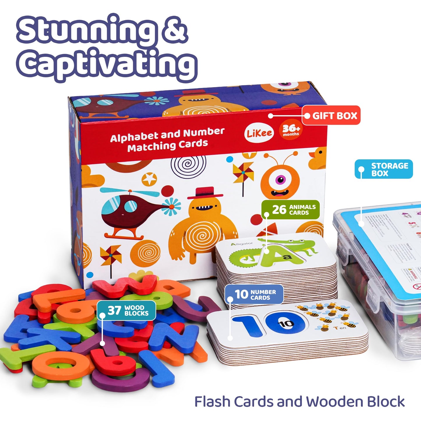 LiKee Alphabet Flash Cards Wooden Letter Puzzle ABC Sight Words Matching Games Counting Board Preschool Educational Montessori Toys for Toddlers Boys Girls 3+ Years (36 Cards& 37 Wood Pieces)