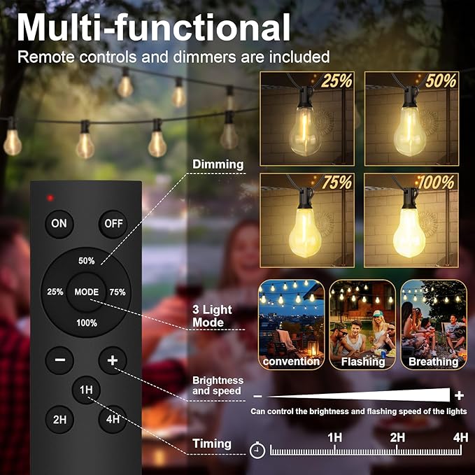 75FT Outdoor String Lights Waterproof with 50+4 Bulbs (1.5FT Bulbs Spacing), Remote & Dimmer, Commercial Patio String Lights with 3 Mode Light & Timing, 100PC Mounting Ties for Outside