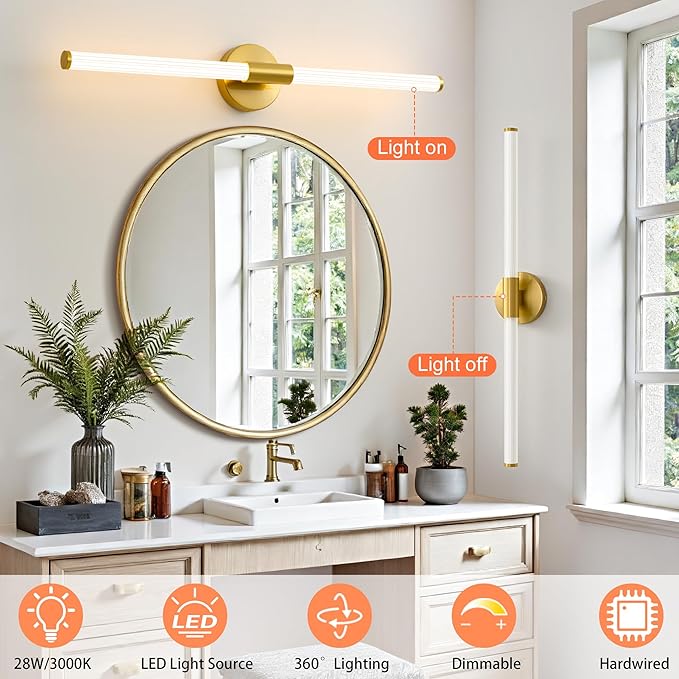 Dimmable LED Bathroom Vanity Lights 360° Full Lighting Bathroom Light Fixtures Over Mirror Vanity Light Bar Modern Wall Sconce Warm White for Bedroom Living Room Hardwired Gold, 30 inch