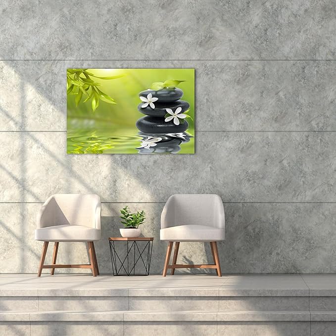 GUTTATY Zen Wall Art Decor, Modern Bathroom Zen Decor Wall Art, Canvas Wall Art for SPA Zen Room Decor, Green Bamboo Leaves and Pebble Relaxing Zen Art Prints for Office & SPA Wall Decor 18x24 Inches