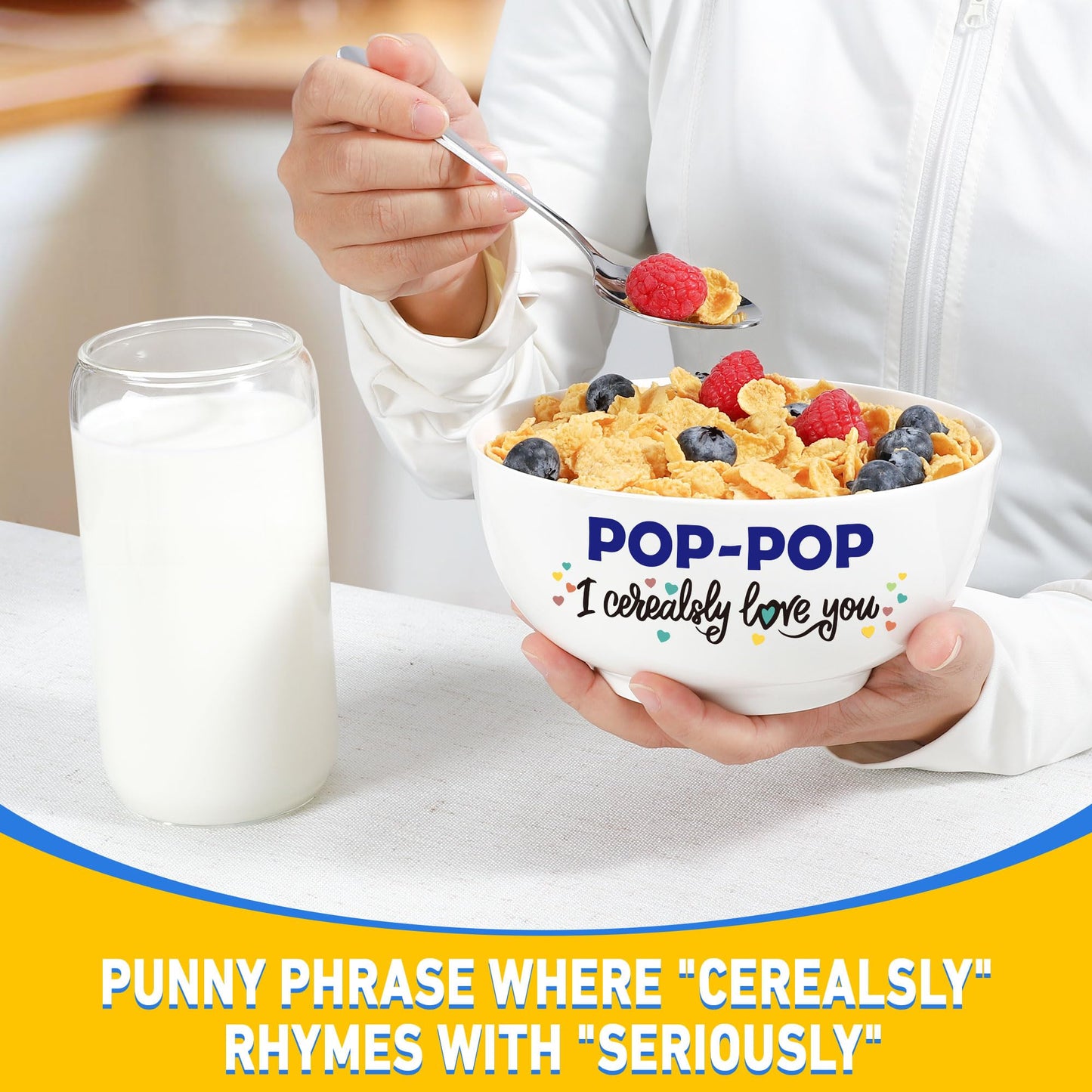 BackURyear Pop-Pop Gifts for Fathers Day, Funny Pop Pop Gifts for Grandpa Birthday from Grandkids Granddaughter, Ceramic Cereal Bowl Presents, POP-POP I Cerealsly Love You