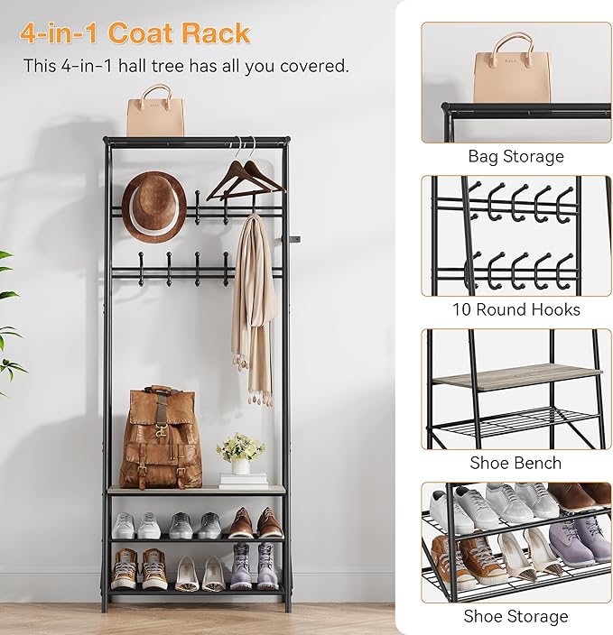 24" Grey Hall Tree with Bench and Shoe Storage, Double Row Hooks Coat Rack Freestanding Organizer, Heavy Duty Coat Rack with Shoe Storage, Coat and Shoe Rack Entryway Foyer Living Room