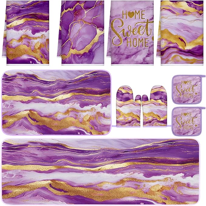 Fourluoo 10 Pcs Kitchen Dish Towels Rugs Oven Mitts and Pot Holders Kit Farmhouse Kitchen Decor Set Gloves Vintage Potholders for Baking Cooking Chef(Purple,Modern)