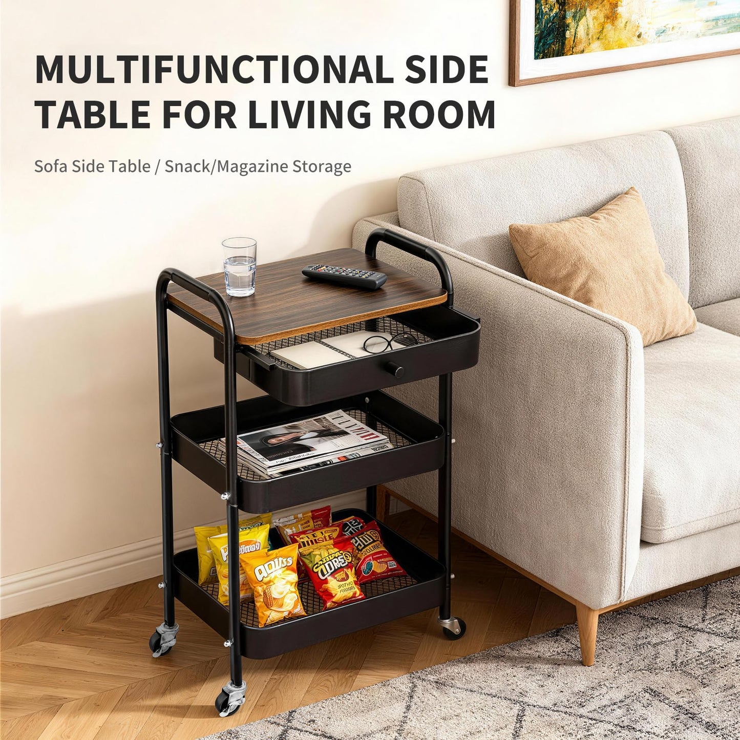 CAMOAT 3-Tier Rolling Storage Cart with Wooden Top and Drawer, Metal Mesh Mobile Utility Cart with Handle and Lockable Wheels, Multipurpose Organizer Trolley for Kitchen, Living Room, Bathroom,Office