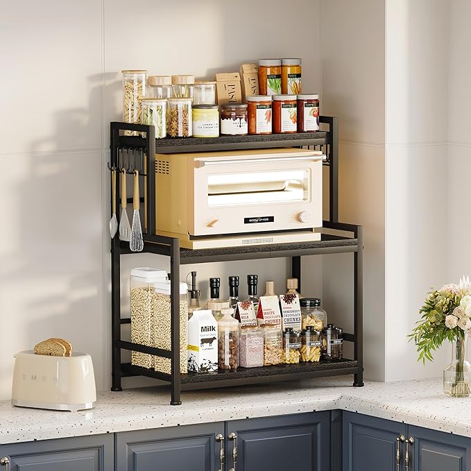 23.6"W Large Kitchen Countertop Organizer, 3 Tier Spice Rack Organizer with Adjustable Shelf and 10 Hooks, Wooden Counter Organizer, Countertop Shelf Microwave Stand for Kitchen, Coffee Bar, Black