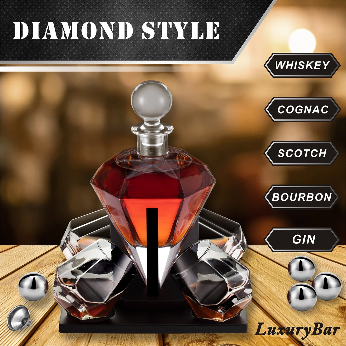 LuxuryBar Diamond Whiskey Decanter Sets for Men with ChillBall &Tray, 26oz Whiskey Decanter Set Liquor Dispenser Bourbon Decanter Whiskey Set Gifts for Men