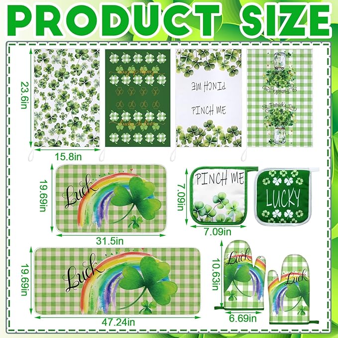 Fourluoo 10 Pcs St Patricks Day Kitchen Set Shamrocks Kitchen Towels and Rugs Oven Mitts and Pot Holders Irish Decor for Women Mom Gift Cooking Baking Grilling