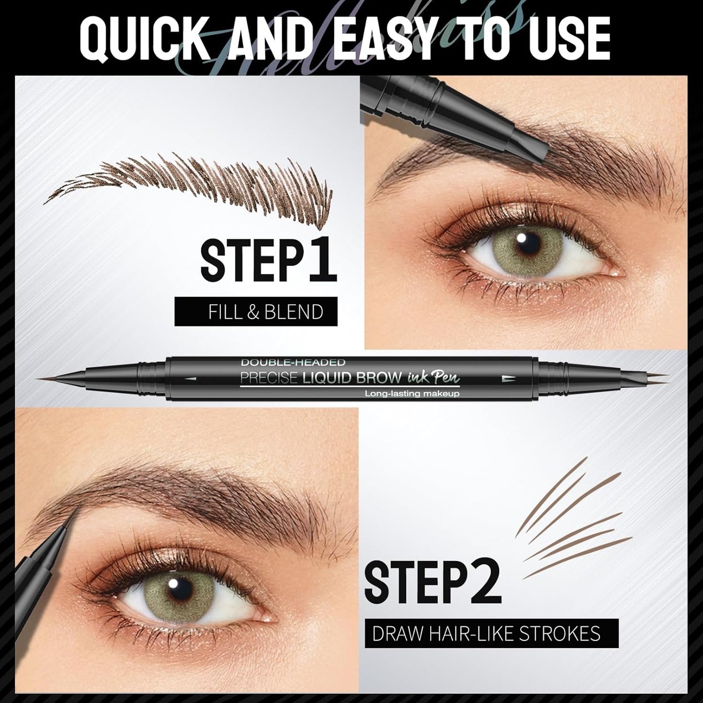 Eyebrow Pencil, Eyebrow Pen with Double-Brush Tip 2-in-1 Eyeliner Dual-Ended Microblading Long Lasting Waterproof Hair-Like Brow Pencil with Eyebrow Brush (Dark brown)