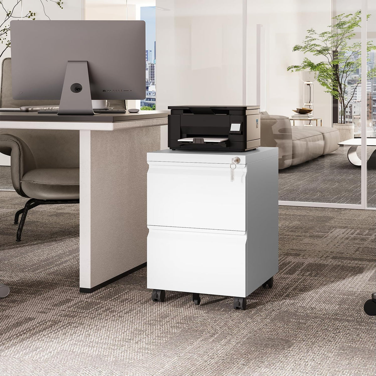 2 Drawers Vertical File Cabinet - Fully Assembled White Under Desk Mobile Filling Cabinet Small Lockable Home Office File Cabinets for A4/Letter/Legal Size
