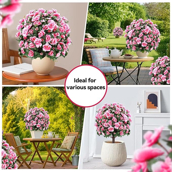 Artificial Boxwood Topiary Ball Trees with Ground Spikes UV Resistant Faux Greenery Shrubs Fake Shrubs for Outdoors, Realistic Faux Plants Bushes for Garden Porch Yard Patio Decor (Pink)