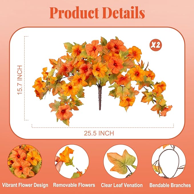 Artificial Fall Flowers Fake Petunias Plants for Outdoor Decoration, 2 Pcs Silk Faux Flowers UV Resistant No Fade Plants for Outside Garden Balcony Yard Porch Realistic Indoor Decor (Orange)