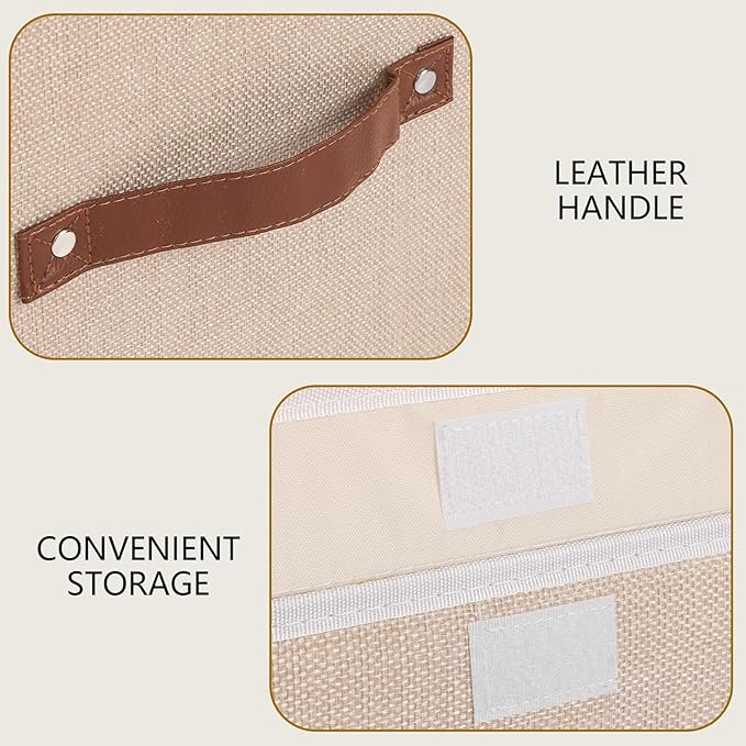 Yawinhe Collapsible Storage Boxes, Linen Fabric Baskets, Bin with lid and Leather Handle, Washable, for Home, Closet, Beige, 17.7''Lx11.8''Wx11.8''H, 5-Pack, USNK024BEX-5