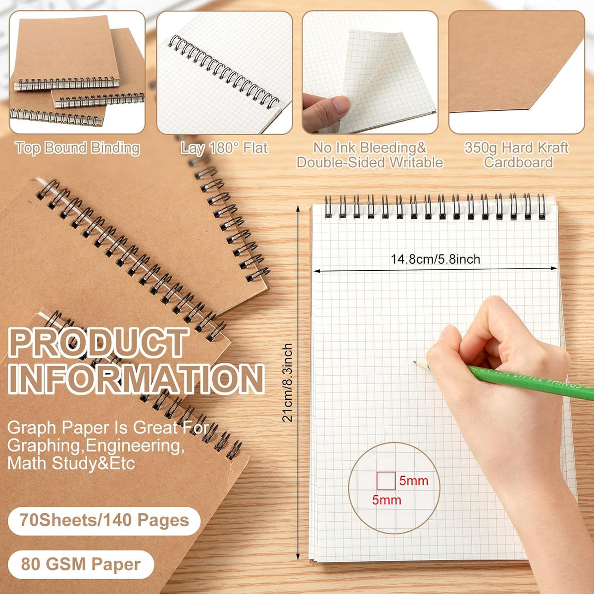 2 Pack Graph Paper Spiral Notepad A5 Top Wirebound Notepad Grid Notebook Steno Pads Memo Notebook Grid Paper 140 Pages for Writing Sketching Drawing Office Supplies (Kraft)