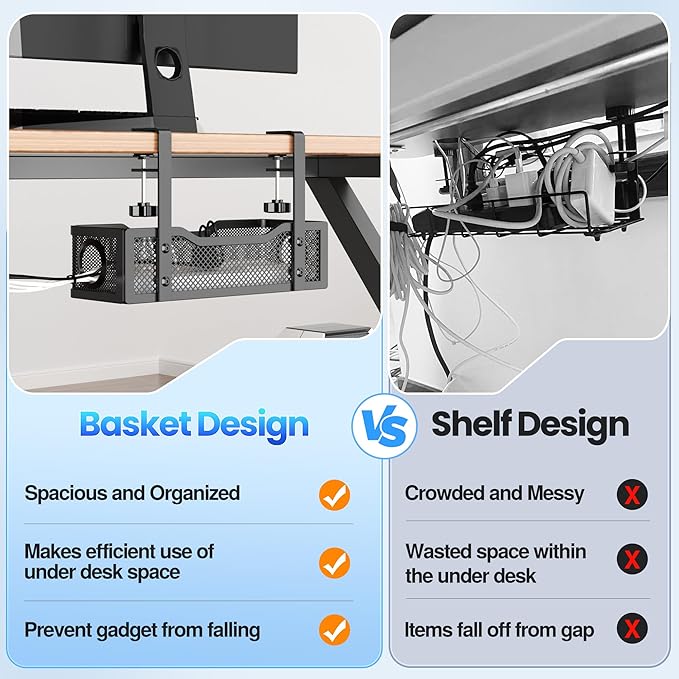 Cable Management Under Desk Tray, No Drill Cable Management Box With Clamp for Wire Organization, Cord Organizer for Office, Home - No Damage to Desk (Black)