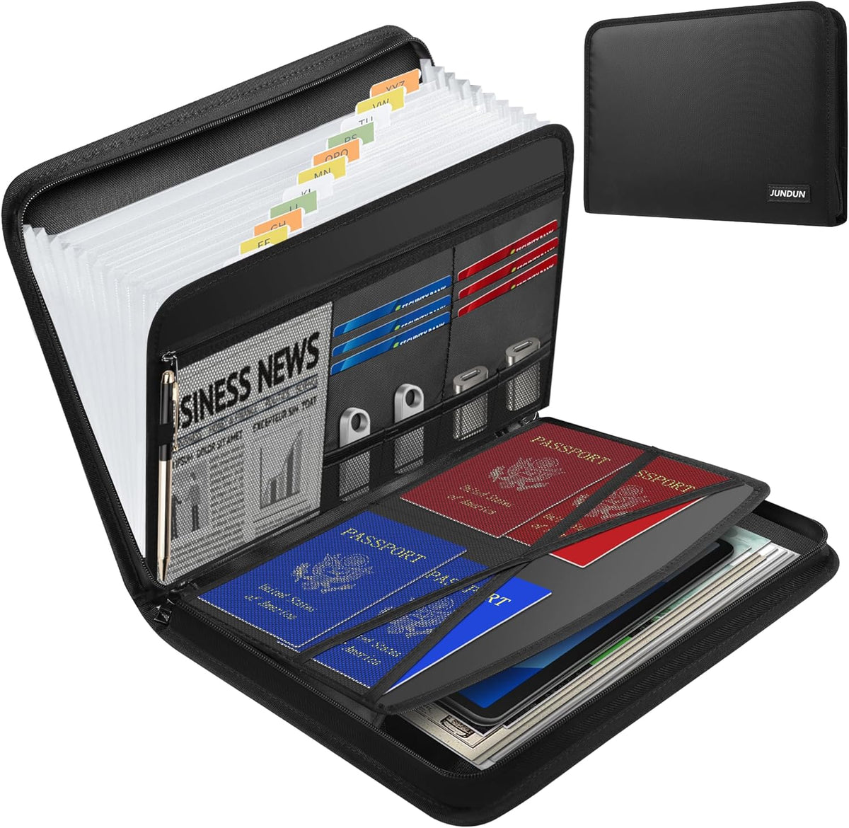 JUNDUN Accordion File Organizer - Fireproof Accordion Folder with Zipper & Labels - 13 Pocket Expanding File Folder with Multi-Pockets Document Organizer Folder for Letter A4 Files | Receipt and More