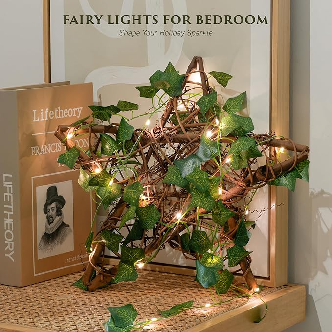 Indoor String Lights, 33ft Artificial Vine with 100 LED Fairy Lights, Battery Operated, Remote Control, 8 Lighting Modes, Green Leaf Decor