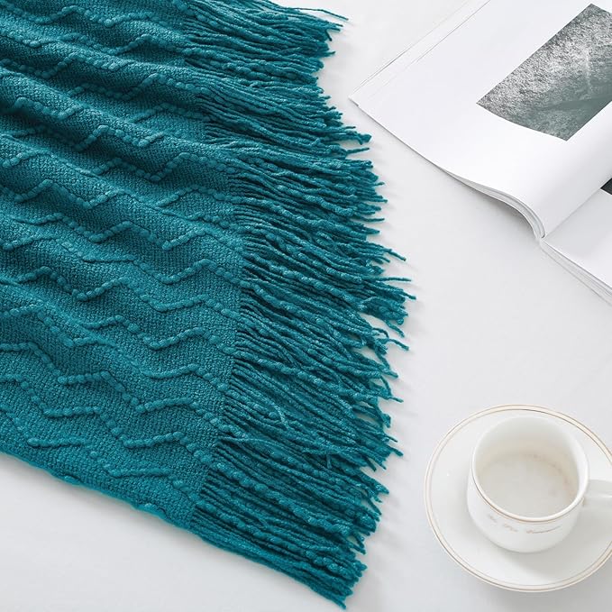BOURINA Teal Throw Blanket 50 x90 Inches Throw Textured Solid Soft Sofa Throw Bed Runner Couch Cover Knitted Decorative Blanket Bed Runner