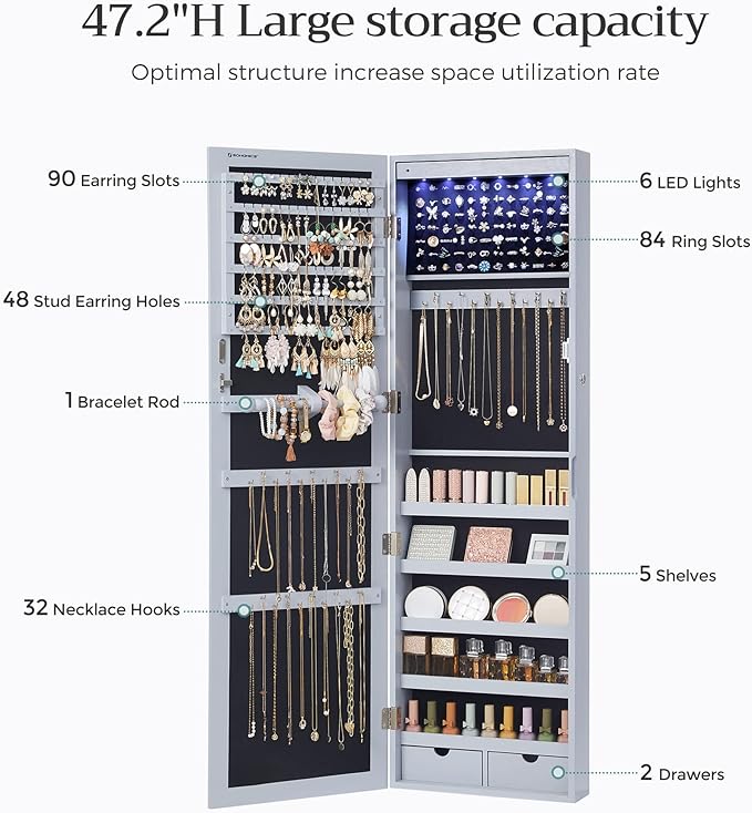 SONGMICS 6 LEDs Mirror Jewelry Cabinet, 47.2-Inch Tall Lockable Wall or Door Mounted Jewelry Armoire Organizer with Mirror, 2 Drawers, Christmas Gift, 3.9 x 14.6 x 47.2 Inches, Gray