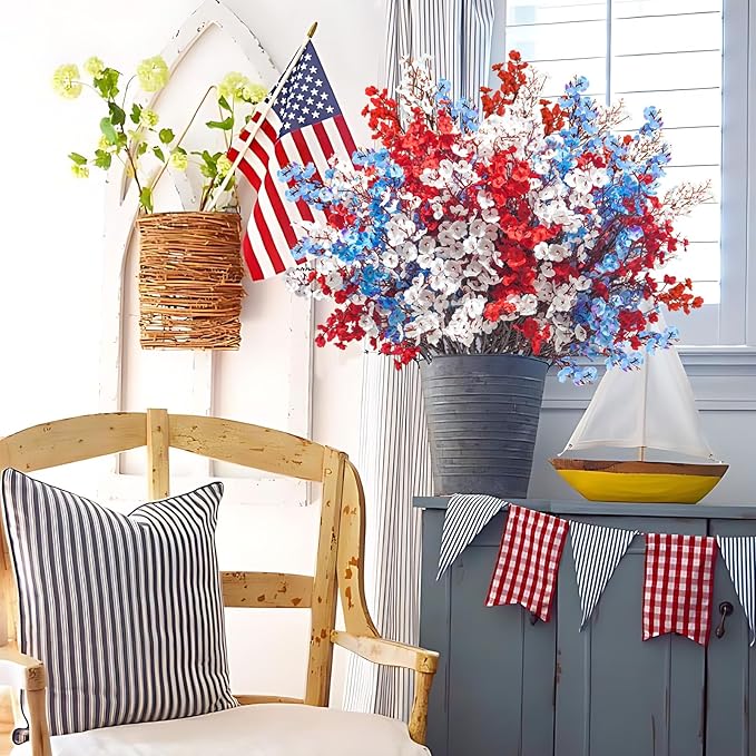 Uieke 6Pcs 4th of July Artificial Flowers Fake Patriotic Babys Breath Flowers for Independence Day Decor Blue White Red Silk Flowers for Memorial Day Floral Arrangement Home