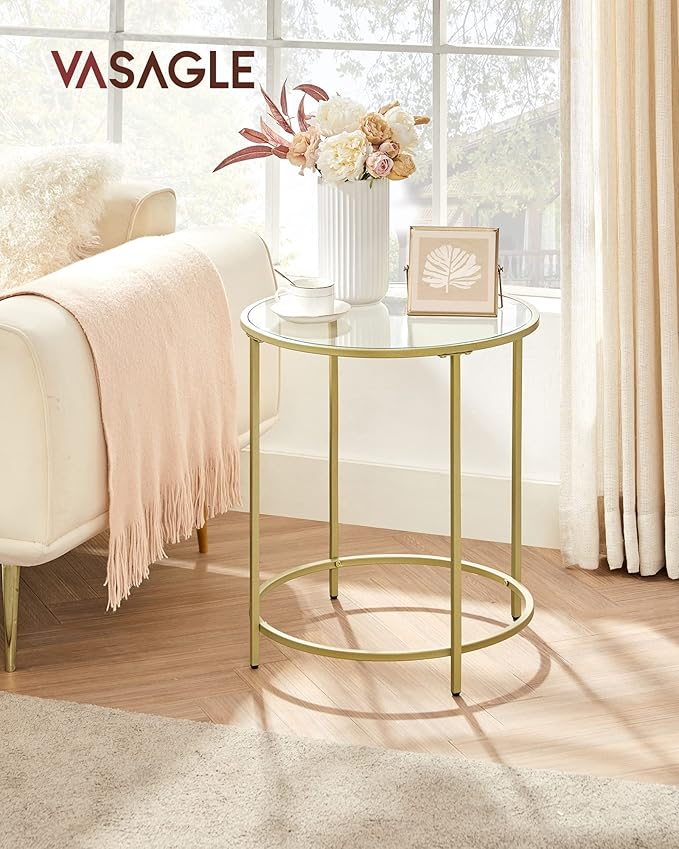 VASAGLE Round Side Tables, Set of 2, Glass End Tables with Metal Frame, Gold Coffee Tables with Modern Style, for Living Room, Balcony, Bedroom, Gold Color
