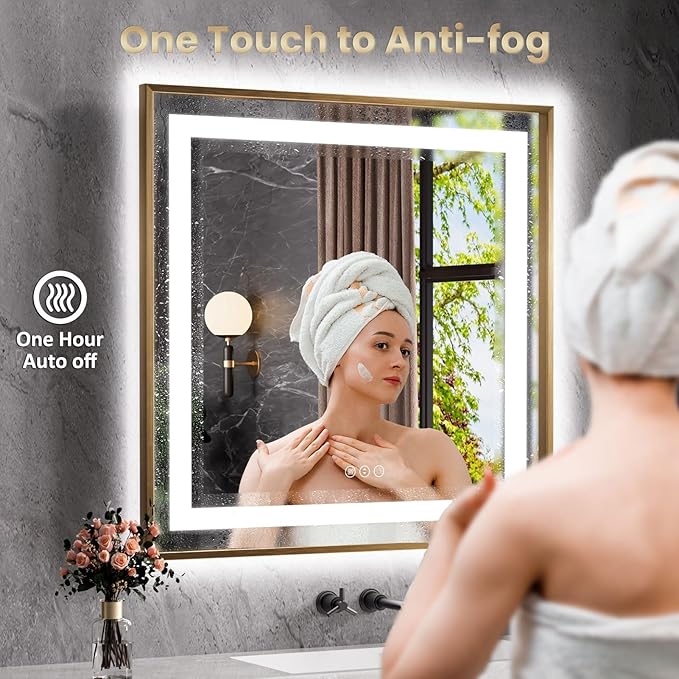 Amorho LED Bathroom Mirror, 36"X36" Gold Metal Framed Mirror with Front Light and Backlit, Stepless Dimmable, Anti-Fog, Shatter-Proof, Memory, 3 Colors