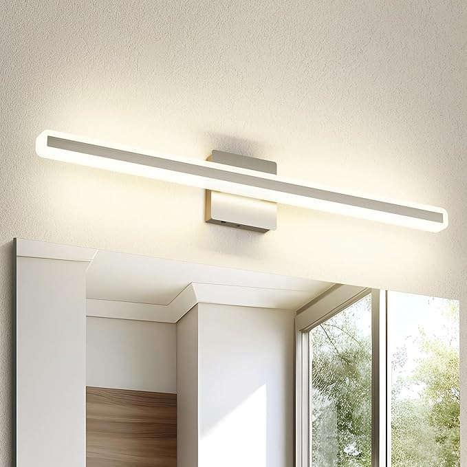 JUSHENG Brushed Nickel Vanity Lights for Bathroom, 5CCT Dimmable Vanity Light Bar, Modern LED Bathroom Lighting Fixtures Above Mirror 32'' Inch 24W