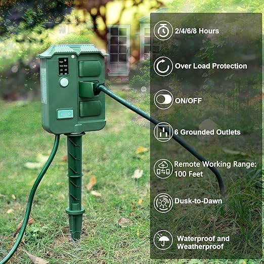 Outdoor Light Timer Waterproof, Dusk to Dawn Power Stake Timer Remote Control, 6 Grounded Electrical Outlets Timer for Outdoor Christmas Lights, Yard, Garden, Backyard, Halloween Decoration,13A