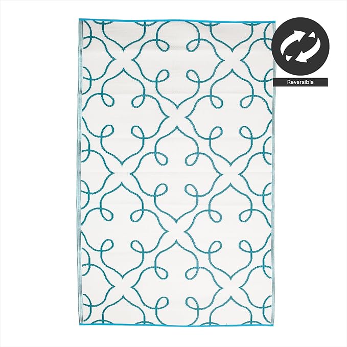 FH Home Outdoor Camping Rug - Waterproof, Fade Resistant, Reversible - Premium Recycled Plastic - Moroccan Lattice Tile - Large Patio, Deck, Sunroom, RV - Syracuse - Sea Green - 9 x 12 ft Foldable