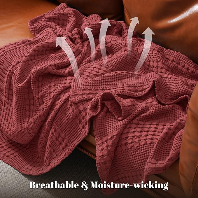 PHF 100% Cotton Waffle Weave Blanket Twin Size for Bed, Soft Lightweight & Breathable, All-Season Comfort, Luxury Aesthetic Woven Bedding for Home Decor, 66"x90", Wine Red