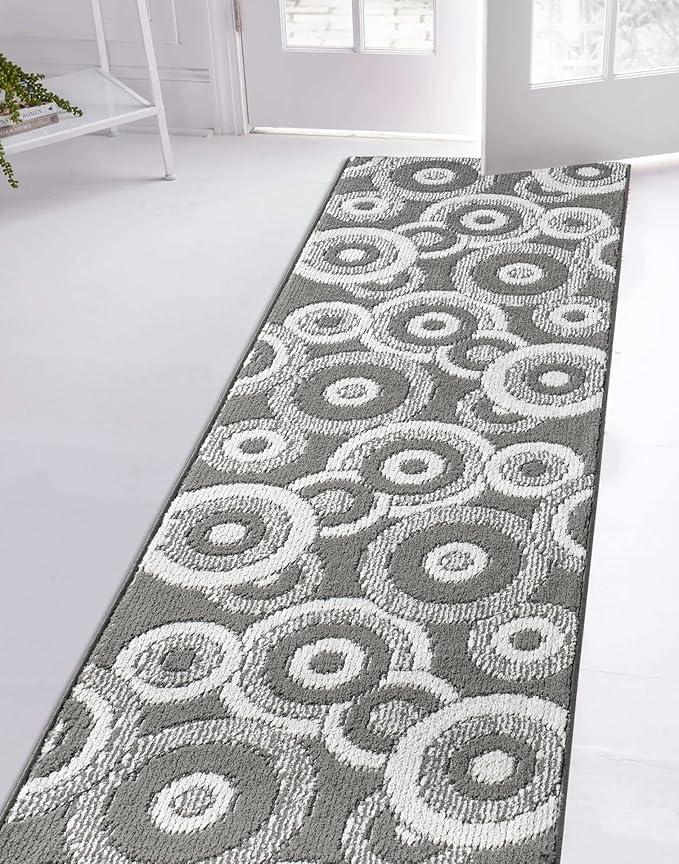 Custom Length Cut to Size Retro Modern Geometric Carpet Runner Rug for Hallways, Non Slip Rubber Backed, 31 inch Wide X Customized Length, Geo Grey, 31 inch X 17 feet